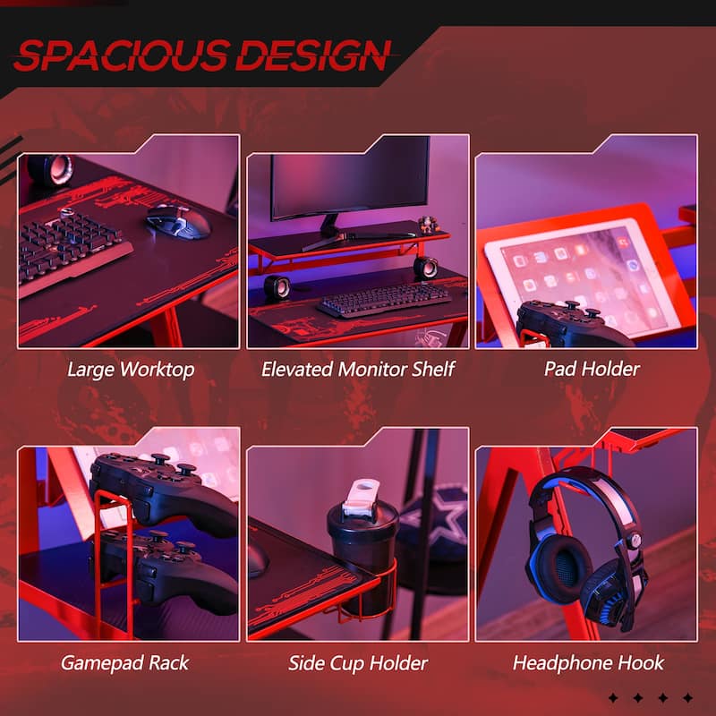 HOMCOM Gaming Desk Workstation with Monitor Shelf, Gamepad Rack, Cup Holder, Headphone Hook, and Cable Basket, Red