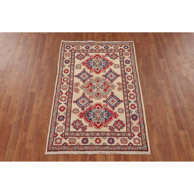 Geometric Kazak Oriental Accent Rug Handmade Beige Wool Carpet - 3'3" x 5'0"