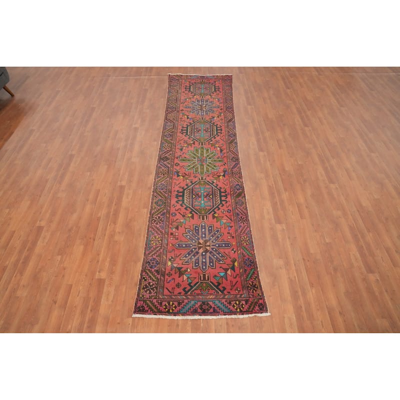 Hand Knotted Oriental 100% Wool Carpet Traditional Geometric Pink Heriz Runner Rug - 12' 2'' X 3' 0''
