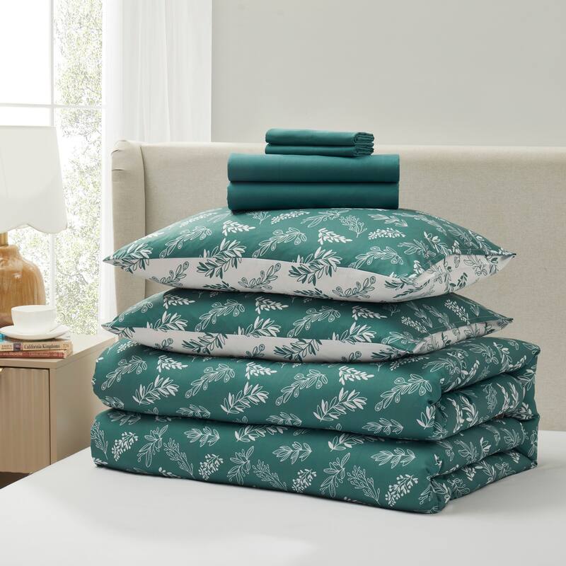 Empyrean 7 Pc Botanical Comforter Set with Sheets, Soft Breathable Lightweight Bedding Bag