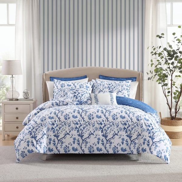 slide 2 of 9, Laura Ashley Elise Navy Cotton Floral Bonus Comforter Set