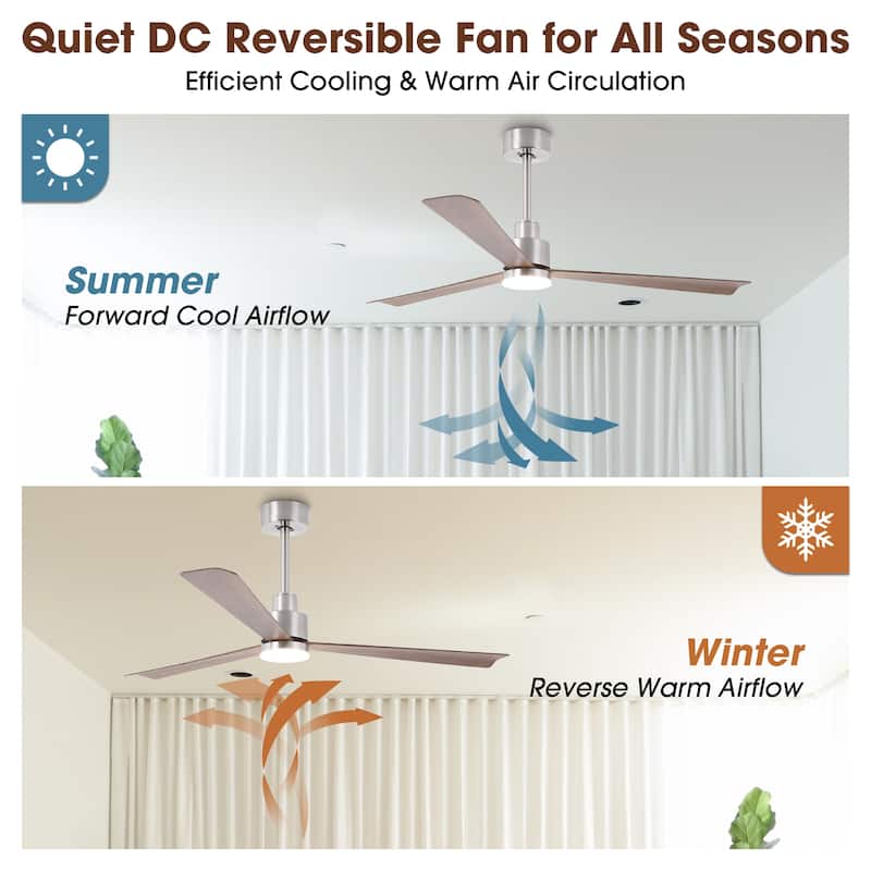 52" Brushed Nickel ABS 3-Blade Dimmable Ceiling Fan with Light and Remote