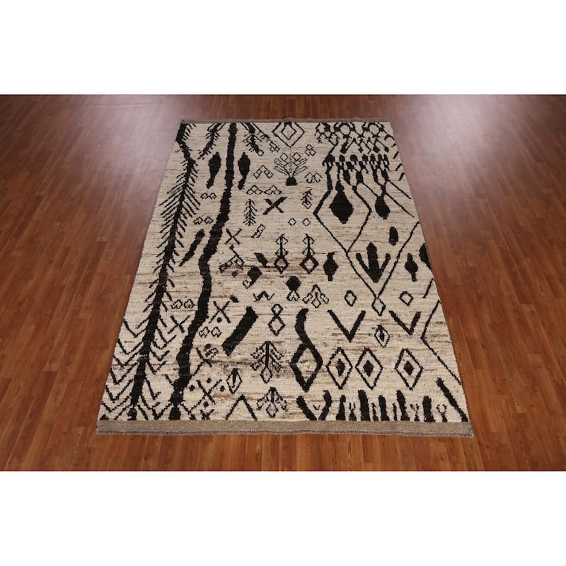 Geometric Moroccan Area Rug Handmade Beige Oriental Wool Carpet - 6'5" x 9'5"
