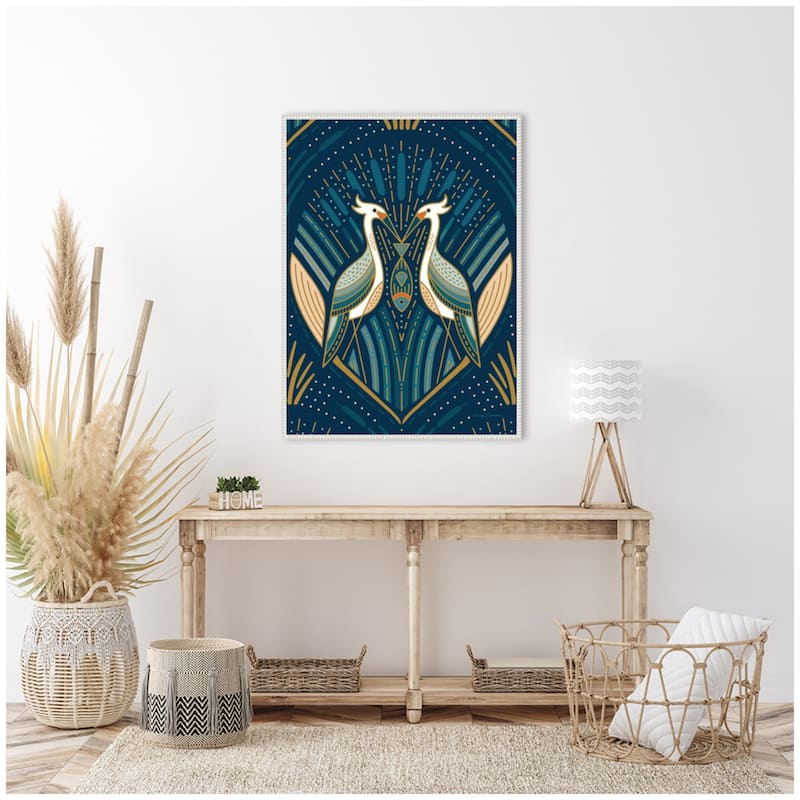 Kate and Laurel Sylvie Art Deco Herons Blue Framed Canvas by Carey Copeland