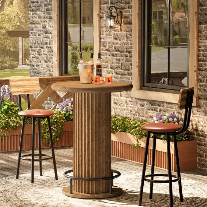 Wooden Round Counter Height Bar Table, Fluted Bistro High Pub Table