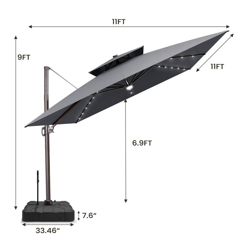 11 FT Square Outdoor Patio Cantilever Umbrella with Solar Lights Rod Wheel Base Double Canopy 360 Rotation Tilt