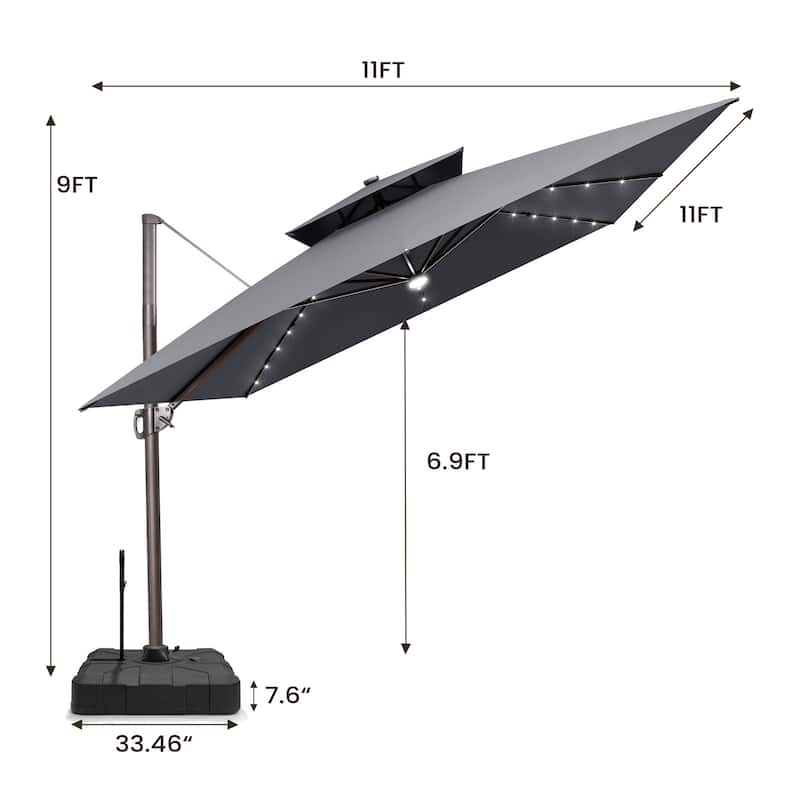 Pellebant 11 FT Square Outdoor Patio Double Top Cantilever Umbrella Solar LED Lighted with Rod Base