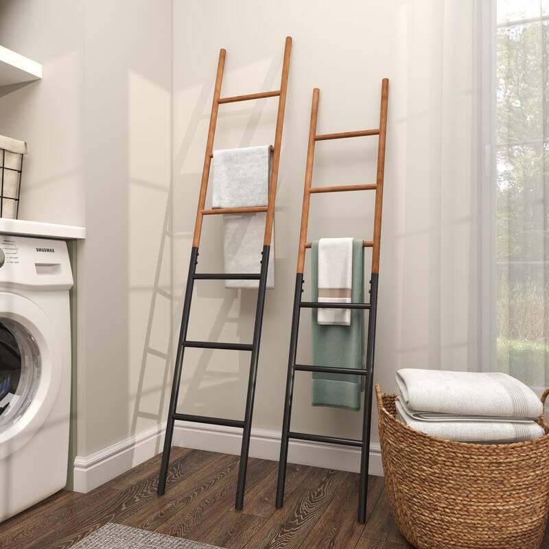 Brown Wood Slim Two-Toned 12 Rug Ladder with Black Metal Bases (Set of 2)