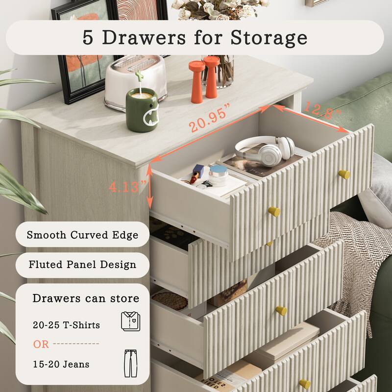 Modern Nightstand Storage Cabinet with 5 Drawers Dresser, Wooden Fluted Top Dresser with Anti-Tip Safety