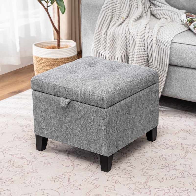 Adeco Faux Leather Tufted Flip Top Storage Ottoman - Grey-Linen