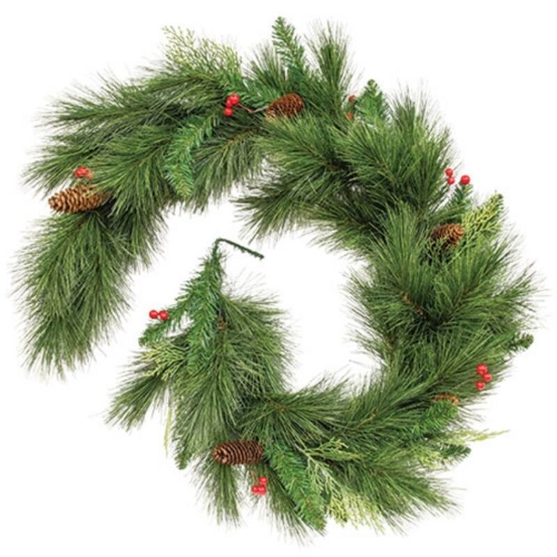 Long Needle Pine and Cedar Garland with Red Berries and Pinecones Flexible Faux Greenery Winter Holiday Decor 60 Inch - Green