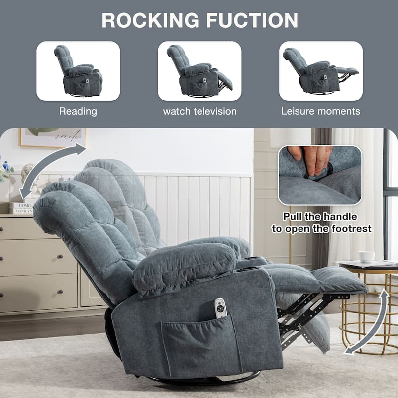 Oversized Linen Manual Rocker Recliner Chair with Massage and Heat, 2 Cup Holders, USB Charge Port