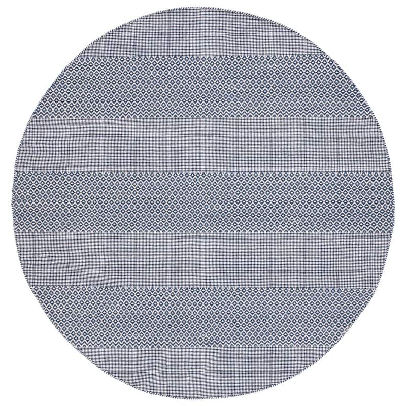 SAFAVIEH Handmade Montauk Alden Flatweave Cotton Fringe Rug - 8' Round - Ivory/Navy