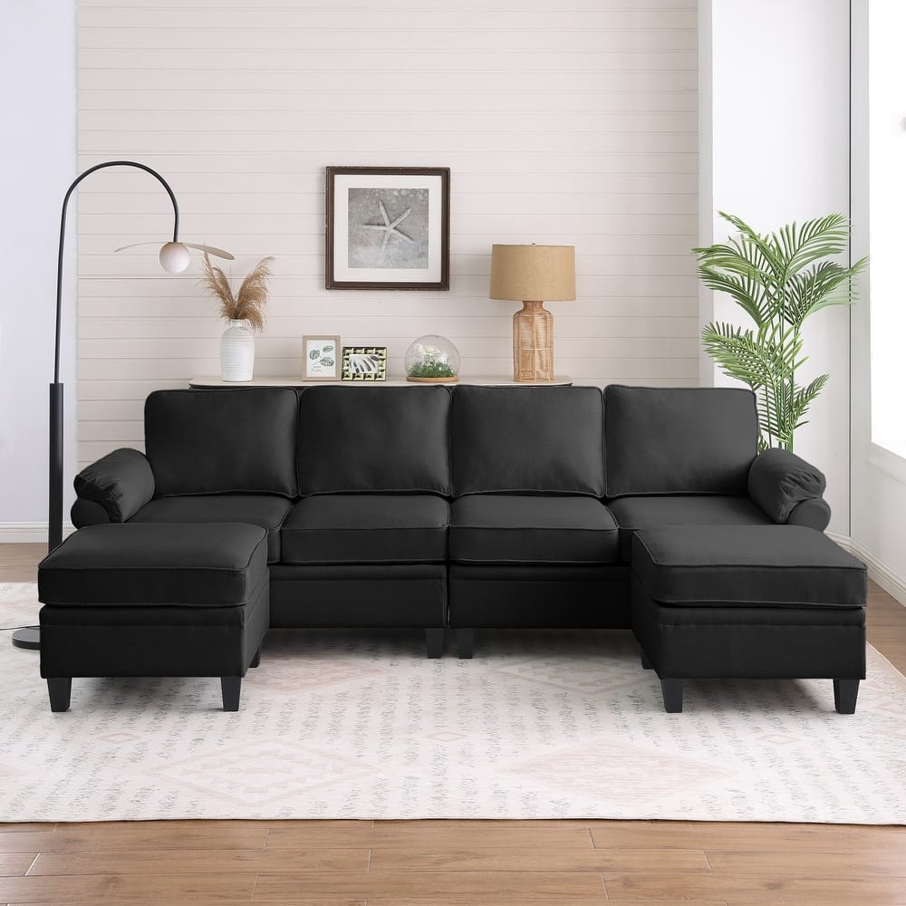 102" U-Shaped Linen Fabric Sectional Sofa with Ottomans