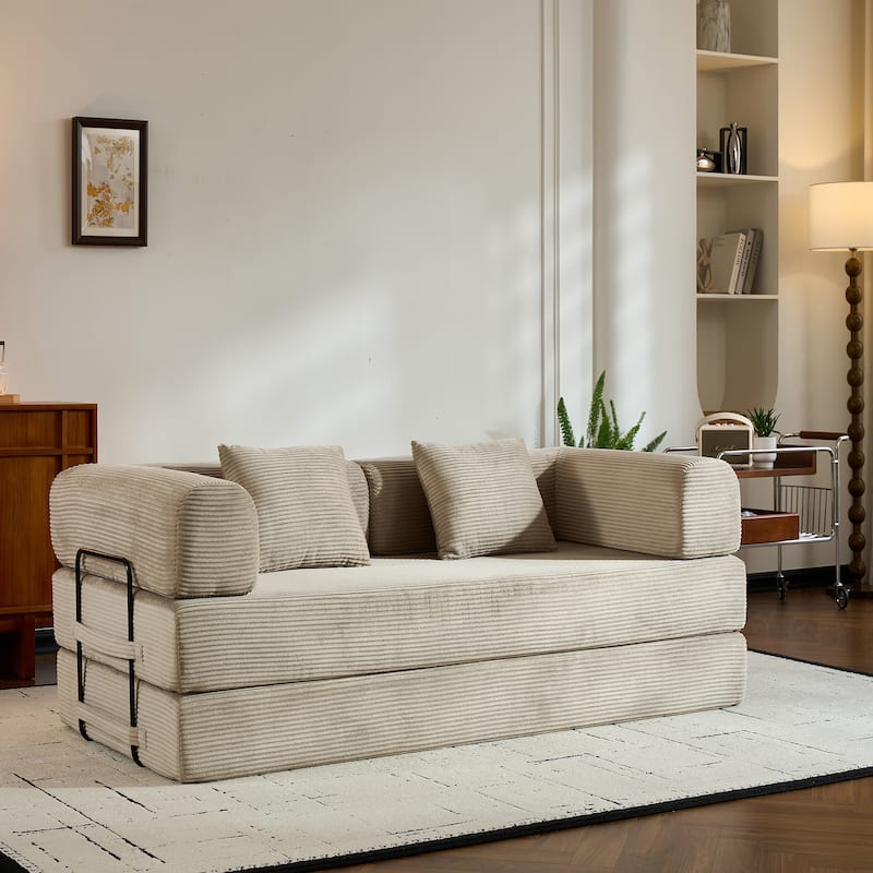 Convertible Sleeper Sofa Bed with Pillow, Corduroy Folding Mattress Couch with Fixed-Shape Frame, Floor Lounge Loveseat Sofa