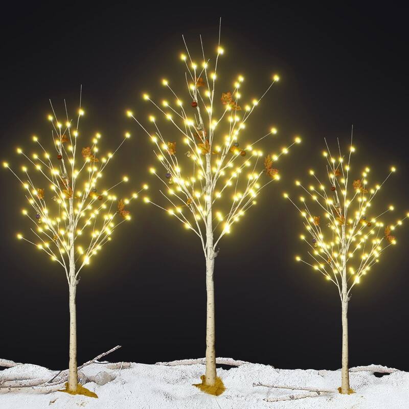 Grondin 3 Pieces Pre-Lit Christmas Lighted Artificial Birch Tree, 4FT 5FT 6FT White Lighted Birch Tree Set of 3