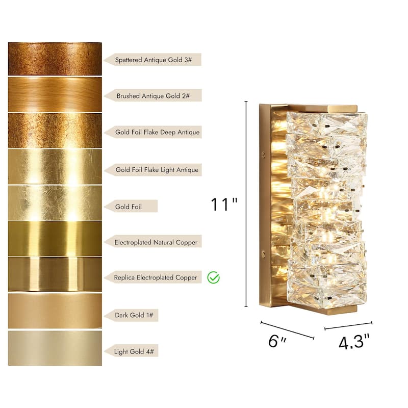 Modern Glam 1-Light Crystal Integrated LED Gold Wall Sconces Bathroom Vanity Lights - 4.3" L x 6" W x 11" H