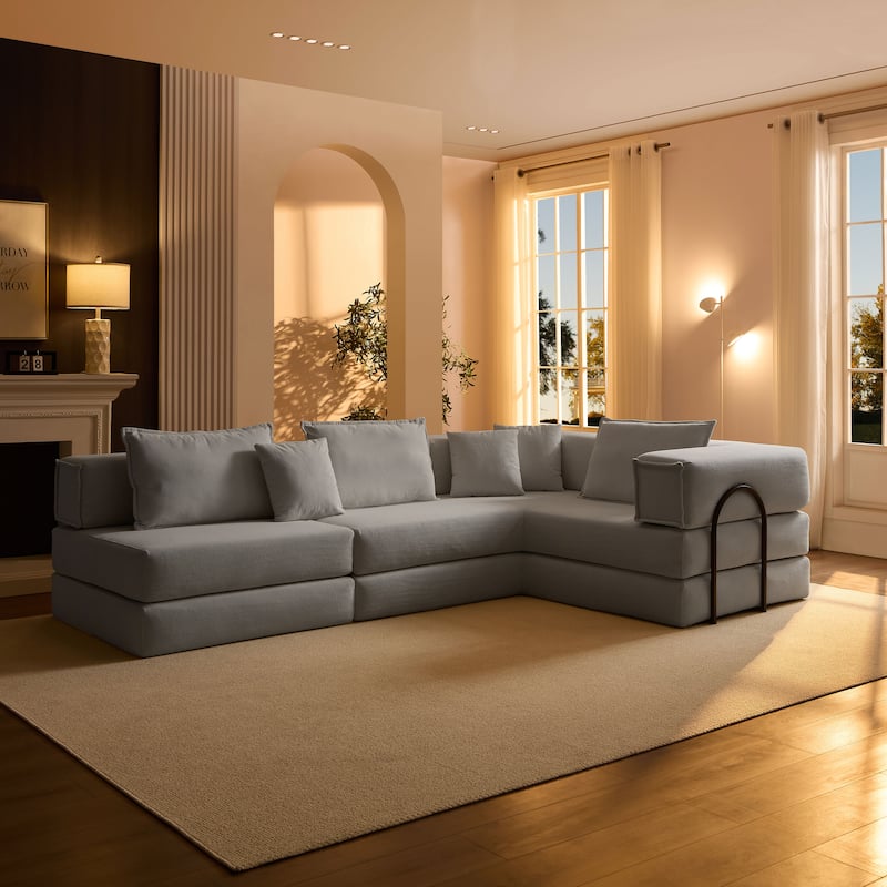 DIY Modular Corduroy L-Shaped Floor Sofa Set with 6 Pillows