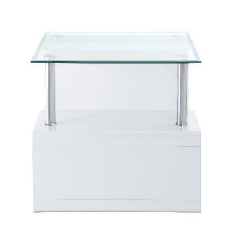 24 Inch Square Accent End Table, Glass Top, Open Shelf, White, Chrome - 24 L x 24 W x 22 H Inches