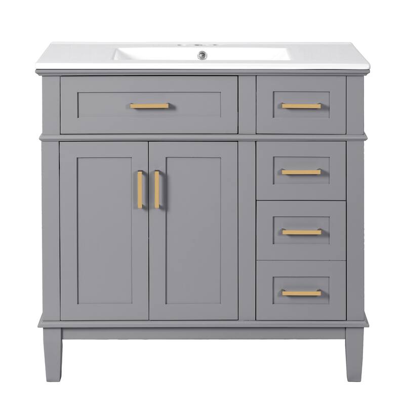 Solid Wood Frame Bathroom Vanity Cabinet with Ceramic Sink for Small Bathrooms, 36 Inch