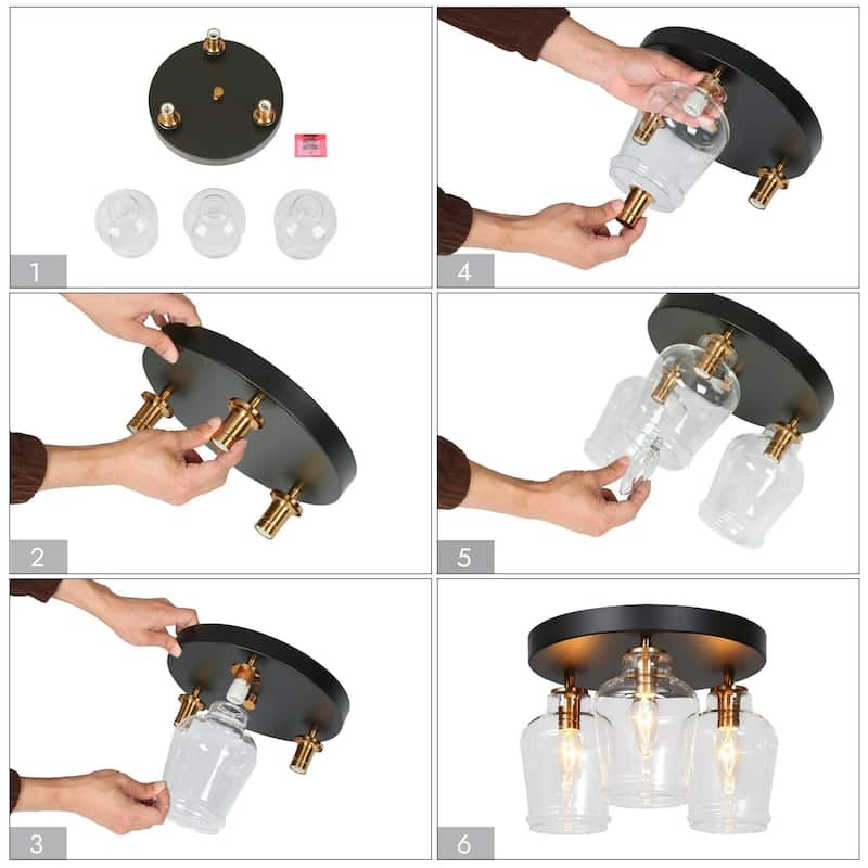 Modern 3-Light Black Gold Glass Flush Mount Ceiling Foyer Light for Kitchen - 11 " D × 8 " H