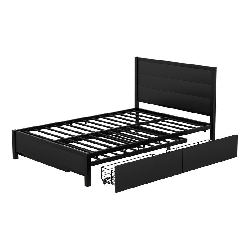 Metal Full Size Platform Bed w/ Twin Size Trundle Upholstered Bed Frame