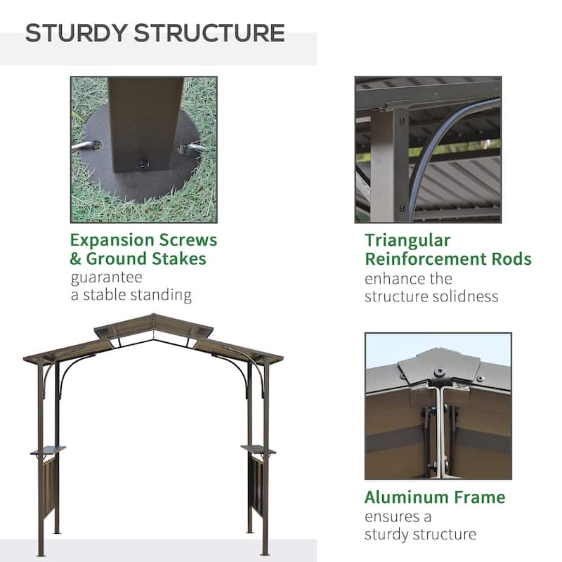 Outsunny 8'x5' BBQ Grill Gazebo with 2 Side Shelves, Outdoor Double Tiered Interlaced Polycarbonate Roof with Steel Frame, Brown