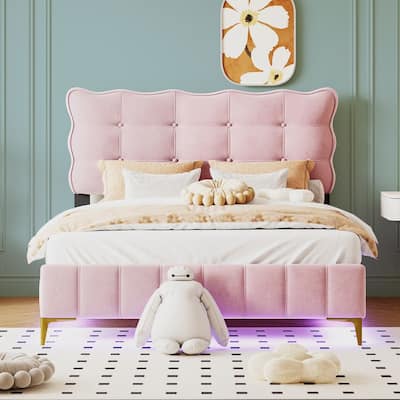 Full Size Velvet Platform Bed with LED Frame and Stylish Mental Bed Legs,Supporting Legs Are Metal,Easy Assembly