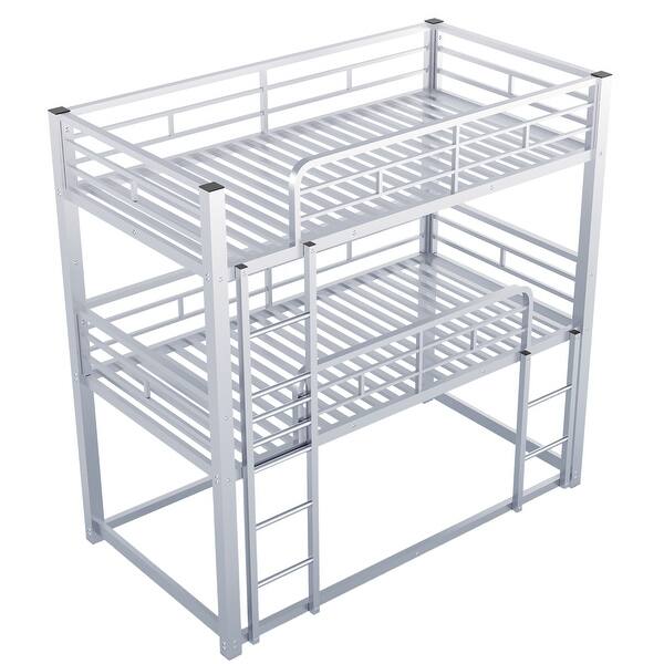 slide 2 of 8, Metal Twin Size Triple Bunk Bed with Ladder and Guardrail, Silver Silver - Twin