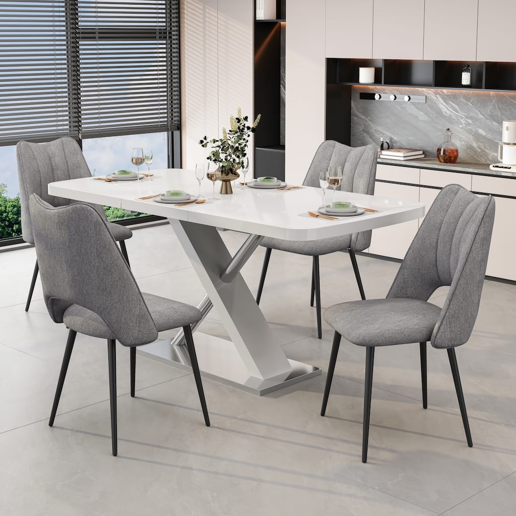 5-Piece Dining Table and Chair Set, Including 4 Grey Chairs and a Retractable Dining Table in White