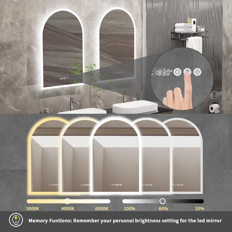 36" x 24" Backlit Smart LED Bathroom Mirror Arched Dimmable Anti-Fog - 24"x36"