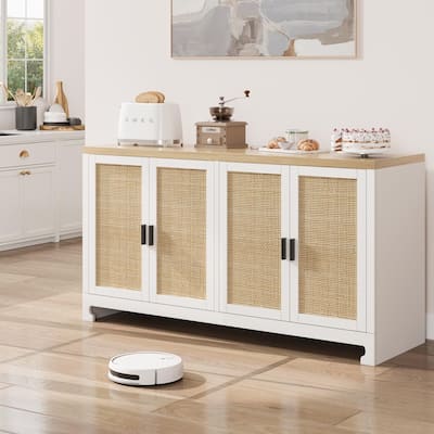 Buffet Cabinet,Rattan Accent Storage Cabinet with 4 Doors and Shelf