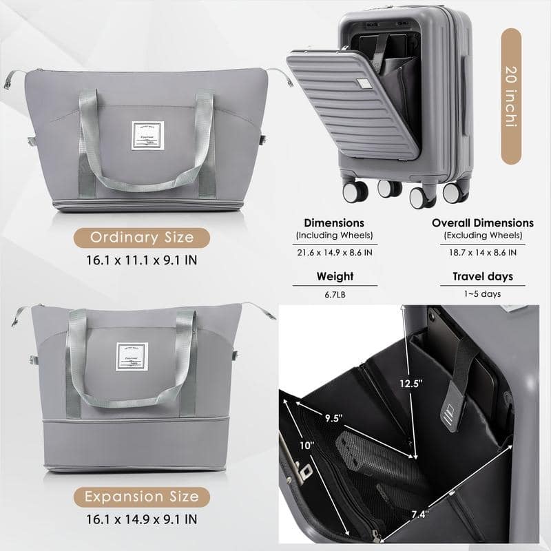 Front Opening 20-Inch Carry-On Luggage with Expandable Travel Bag Set
