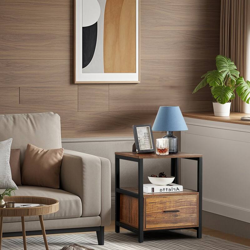 VECELO Square Brown Nightstand, Dresser for Bedroom with Drawer, Bedside Table Night Stand End Table for Bedroom