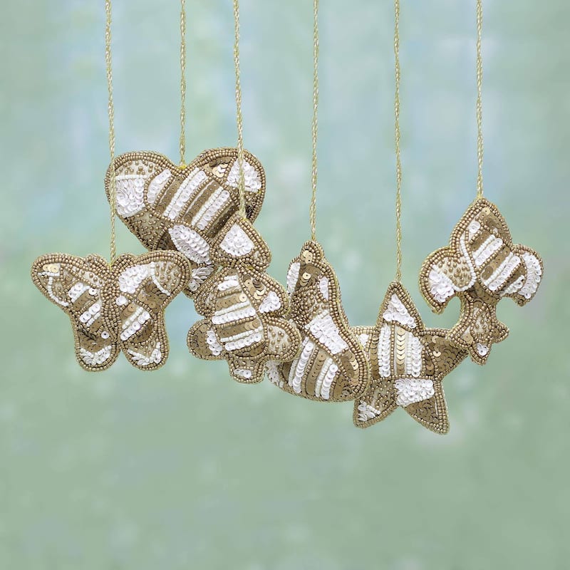 Novica Handmade Christmas Party In Gold Beaded Ornaments (Set Of 6)