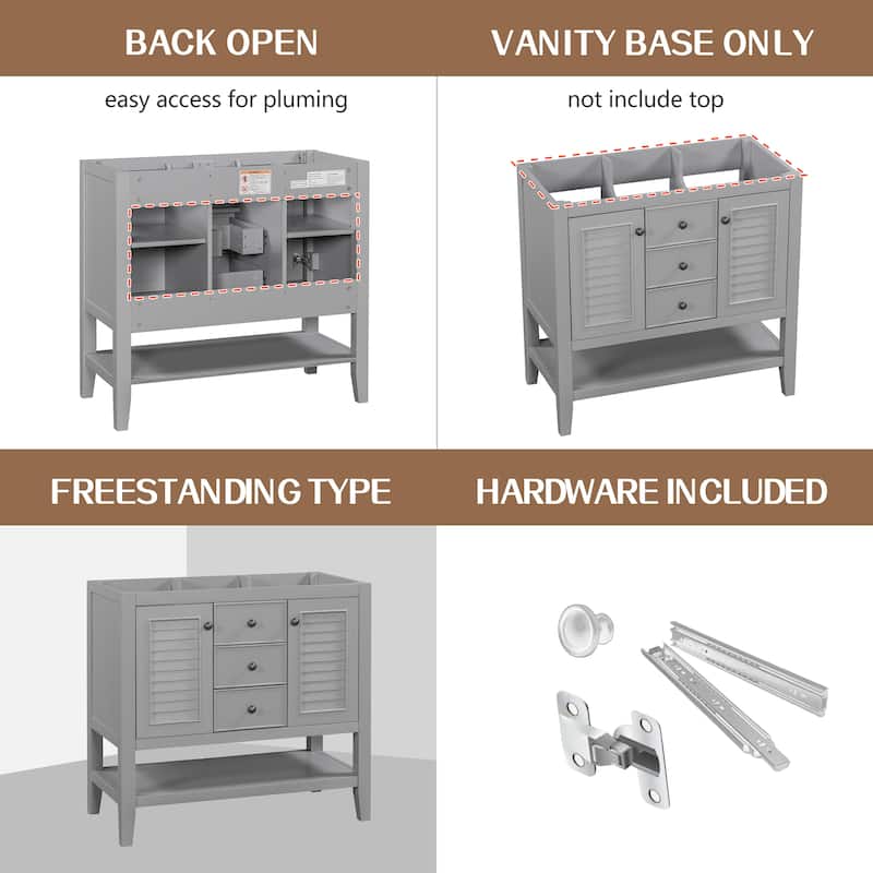 (Base Only) 36" Bathroom Vanity without Sink, 2 Cabinets and Drawers, Open Shelf