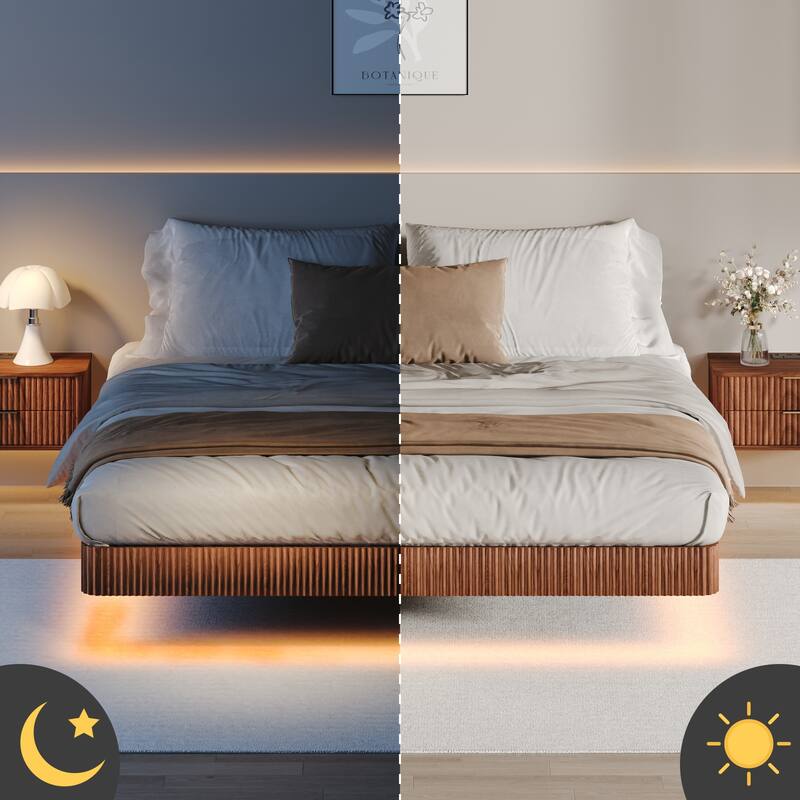 Walnut King Floating Bed Frame with LED Lights