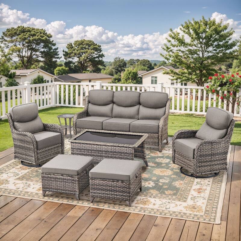 Pocassy Outdoor Patio Furniture Sofa Swivel Chairs Sets - Grey Wicker Grey Cushion - Sofa Swivel Chair with Ottoman Set of 7