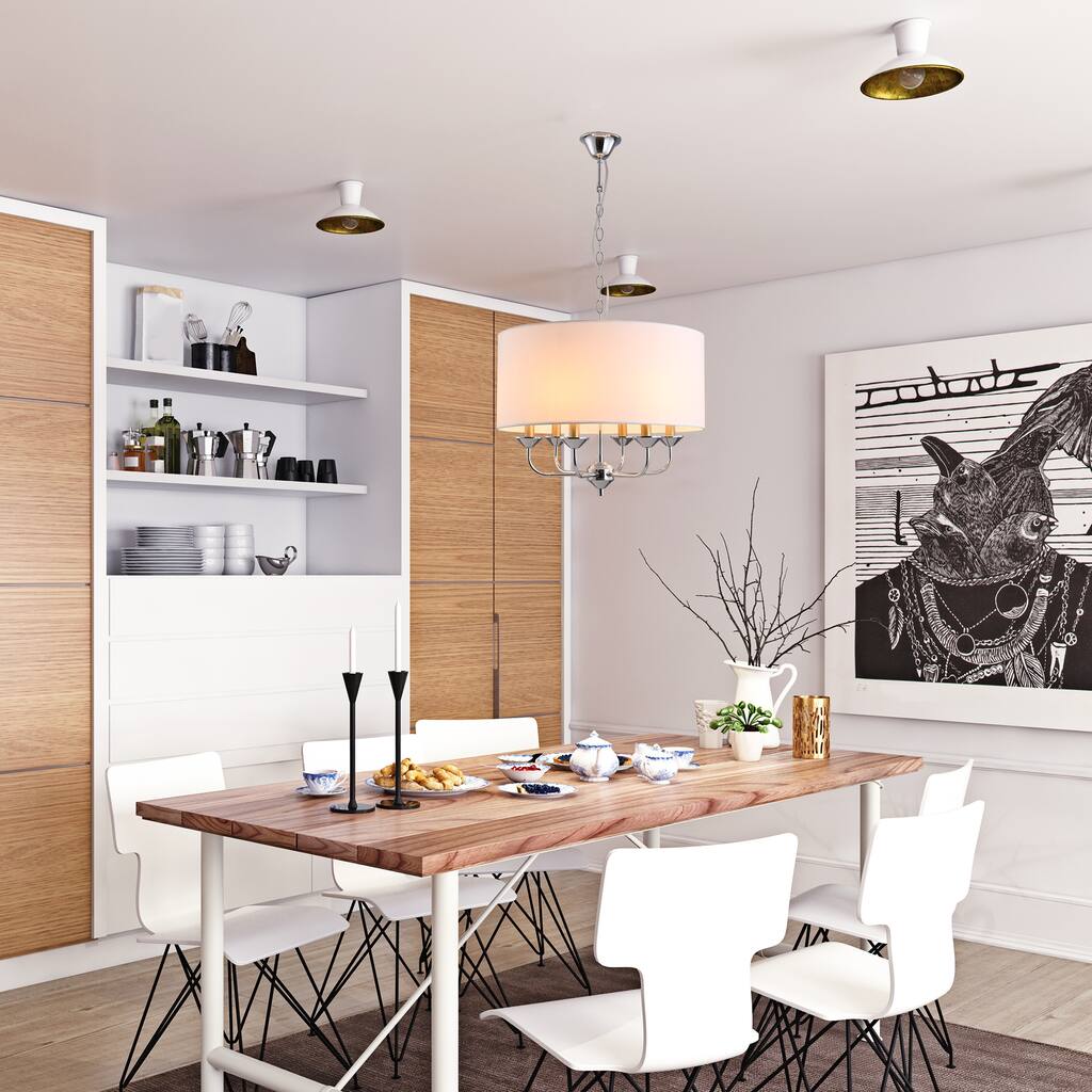 HOMCOM 6-Light Modern Chandelier Candle Pendant Light, Fabric Lampshades with Adjustable Hanging Chain, White