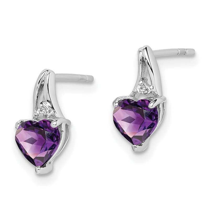 Curata 925 Sterling Silver Polished Open back Rhodium Plated Diamond Amethyst Love Heart Post Earrings - 10x5mm Wide