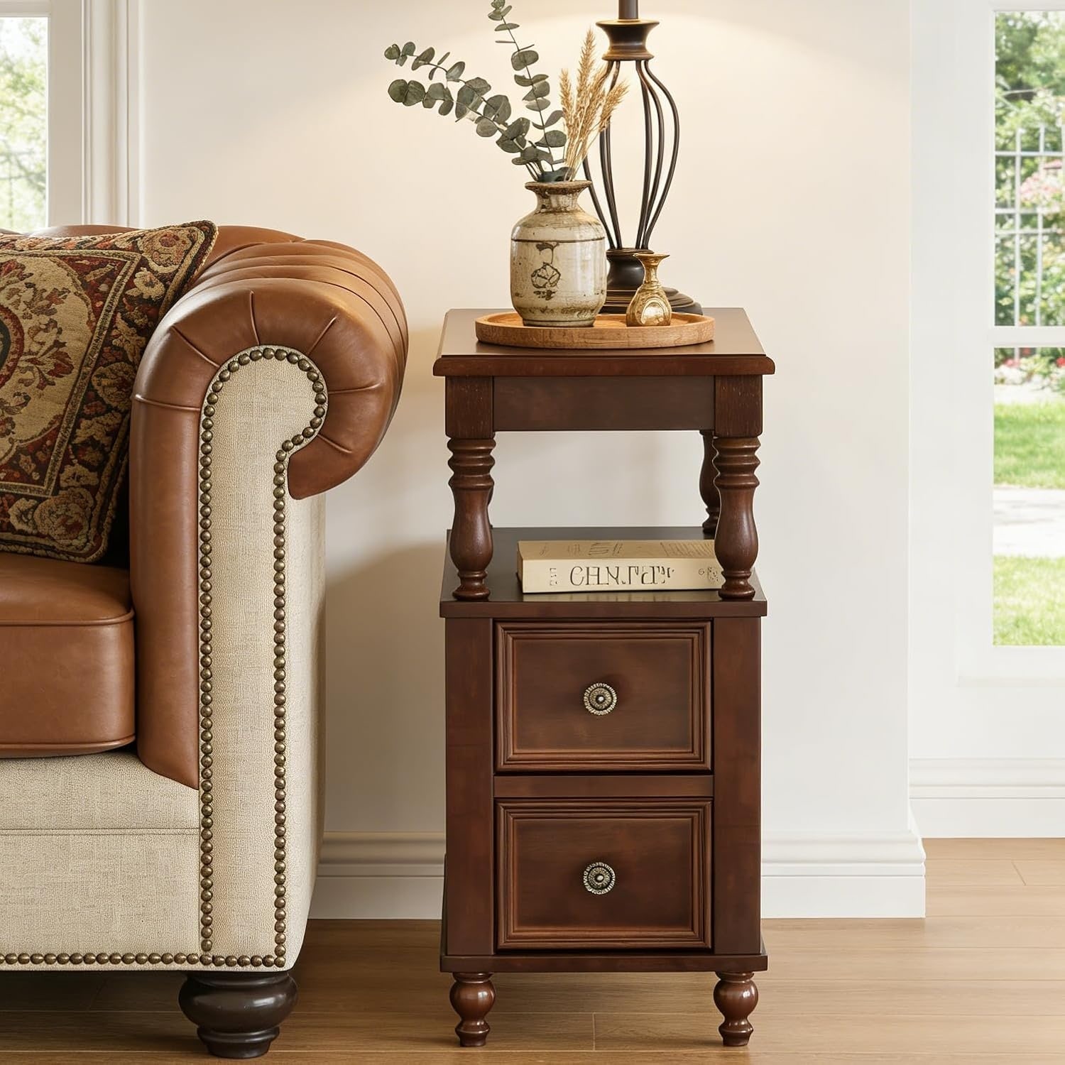 2-Drawer Solid Wood Side Table, Mid-Century Vintage Nightstand, Slim Bedside Storage Cabinet for Bedroom & Living Room