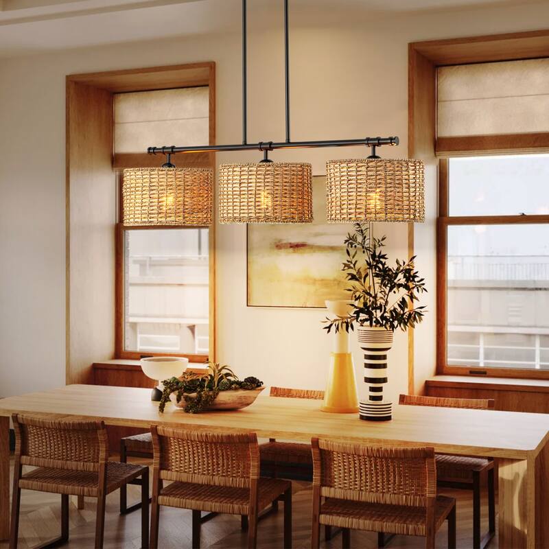 3-Light Modern Farmhouse Black Linear Drum Handwoven Rattan Pendant Light for Kitchen Island