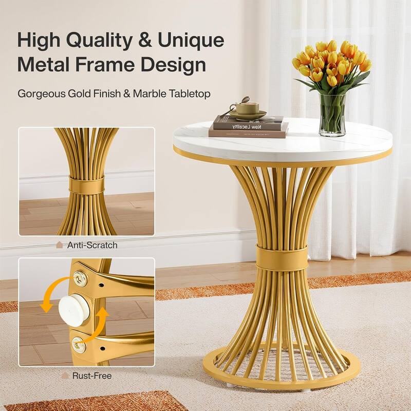 Modern Faux Marble Round End Table for Living Room, Bedroom, Sofa Side, White & Gold