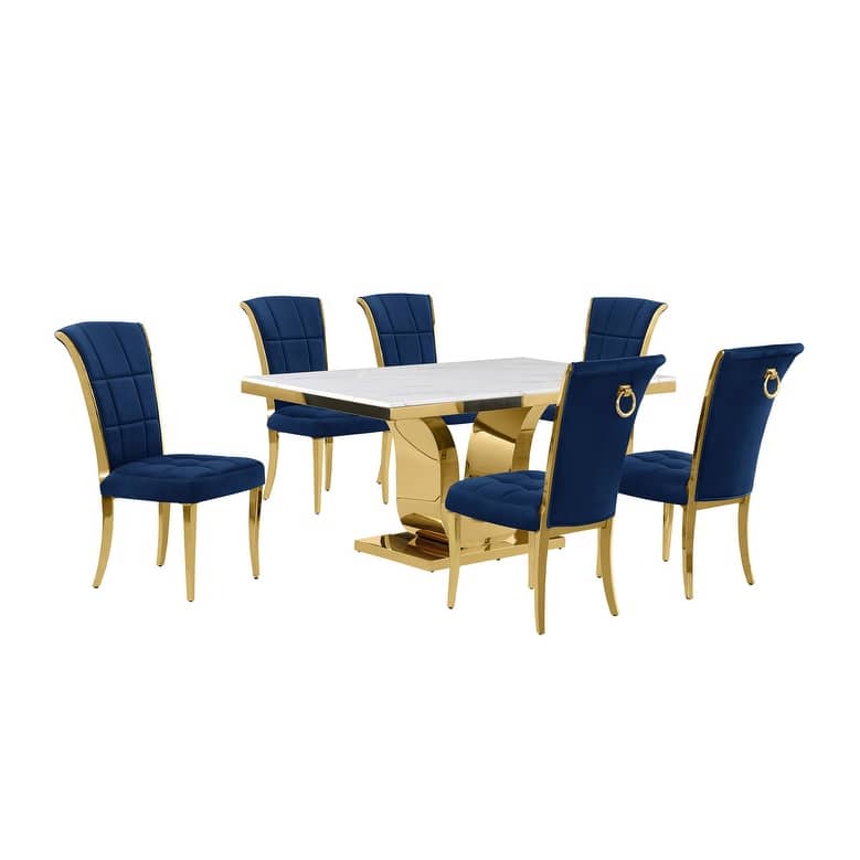 Best Quality Furniture D320-SC324-7 Dining Set with 66" White Marble Top