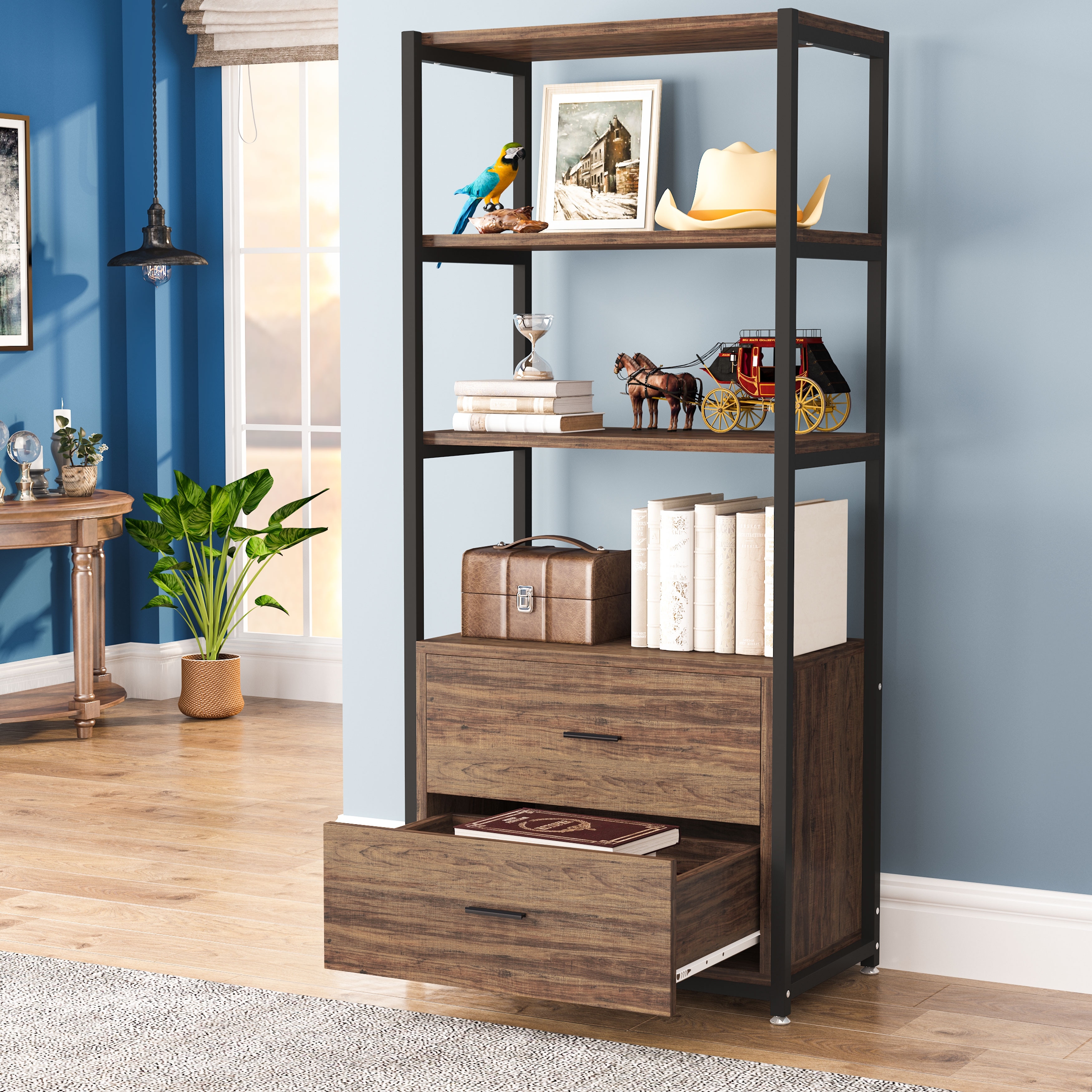 Brown Industrial Bookshelf with 2 Drawers, 5-Tier Bookcase with Open Shelf, Display Decorative Shelf for Living Room Office