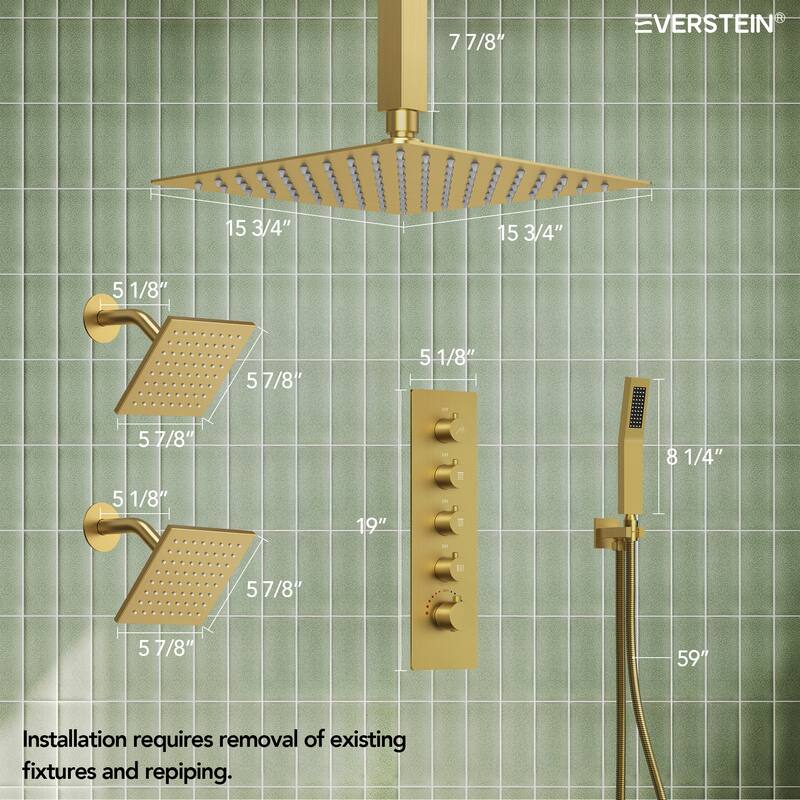 15-Spray Patterns Thermostatic Shower System, Shower Faucet Set 16" & 6" Triple Shower Heads (Valve Included)