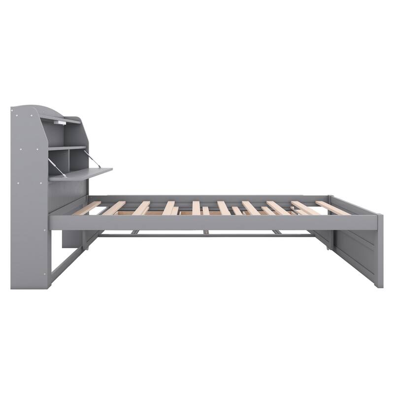 Wood Captain Bed Platform Bed with Trundle and 3 Drawers, Single Bed Frame with Storage Headboard and Integrated LED Light