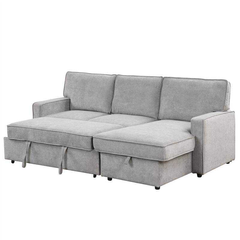 Upholstery Sleeper Sectional Sofa with Storage and 2 Cup Holder, Modern Corner Sectional with Pull-Out Sleeper and USB port