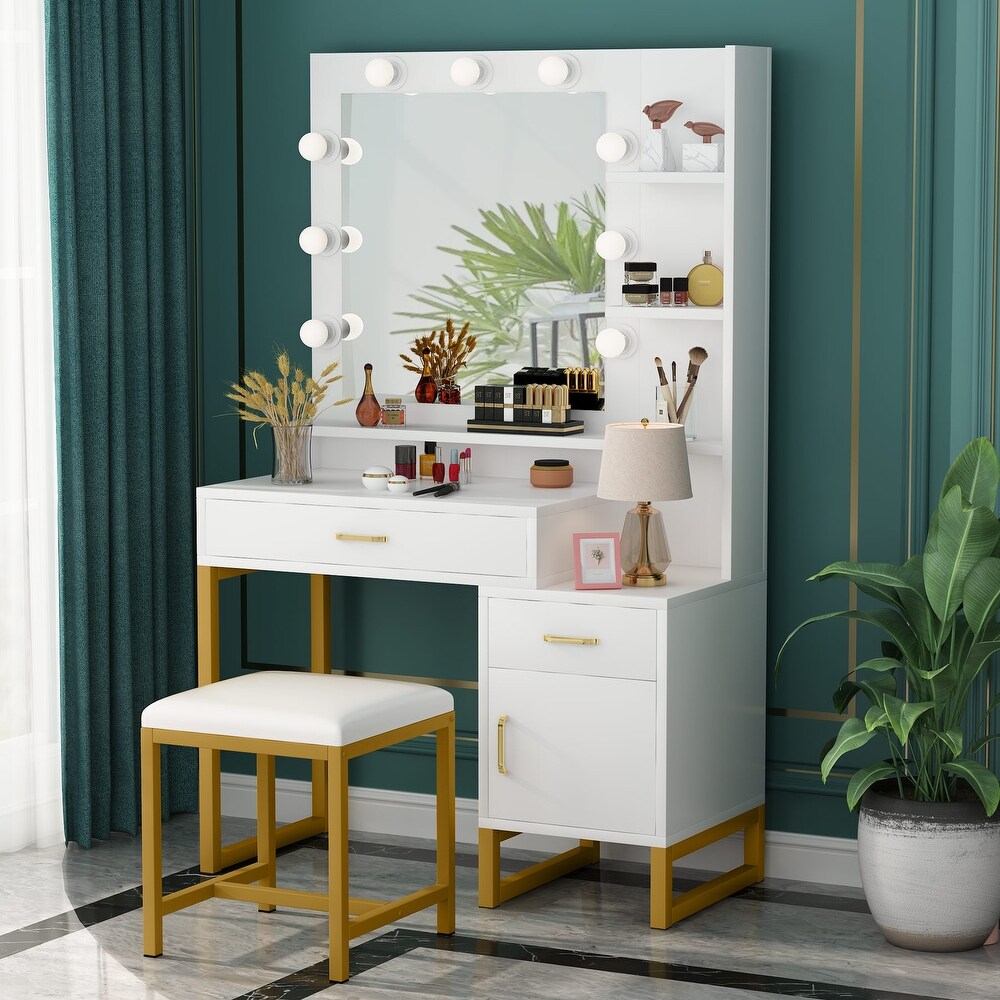 Details about   Vanity Set with 12 LED Lighted Mirror Makeup Dress Table Dresser Desk W/Stool ✈ 