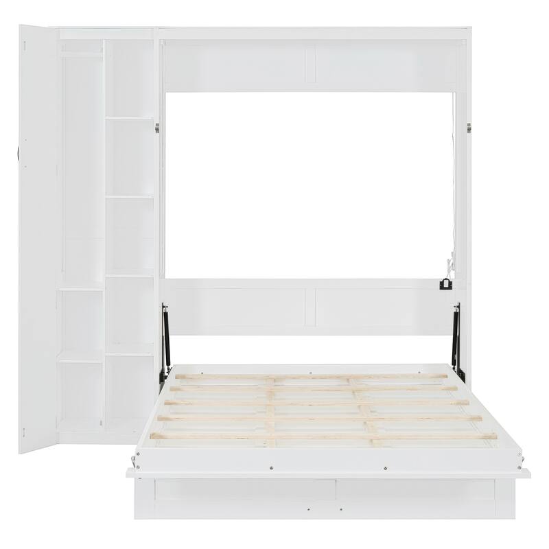 Queen Size Wall Bed with Shelves, Wardrobe, and LED Lights, Space-Saving Design, White